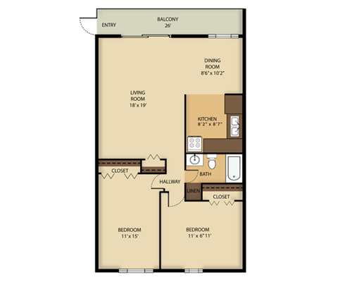 Floor plan for 2 beds, 1 bath, 900 sqft
